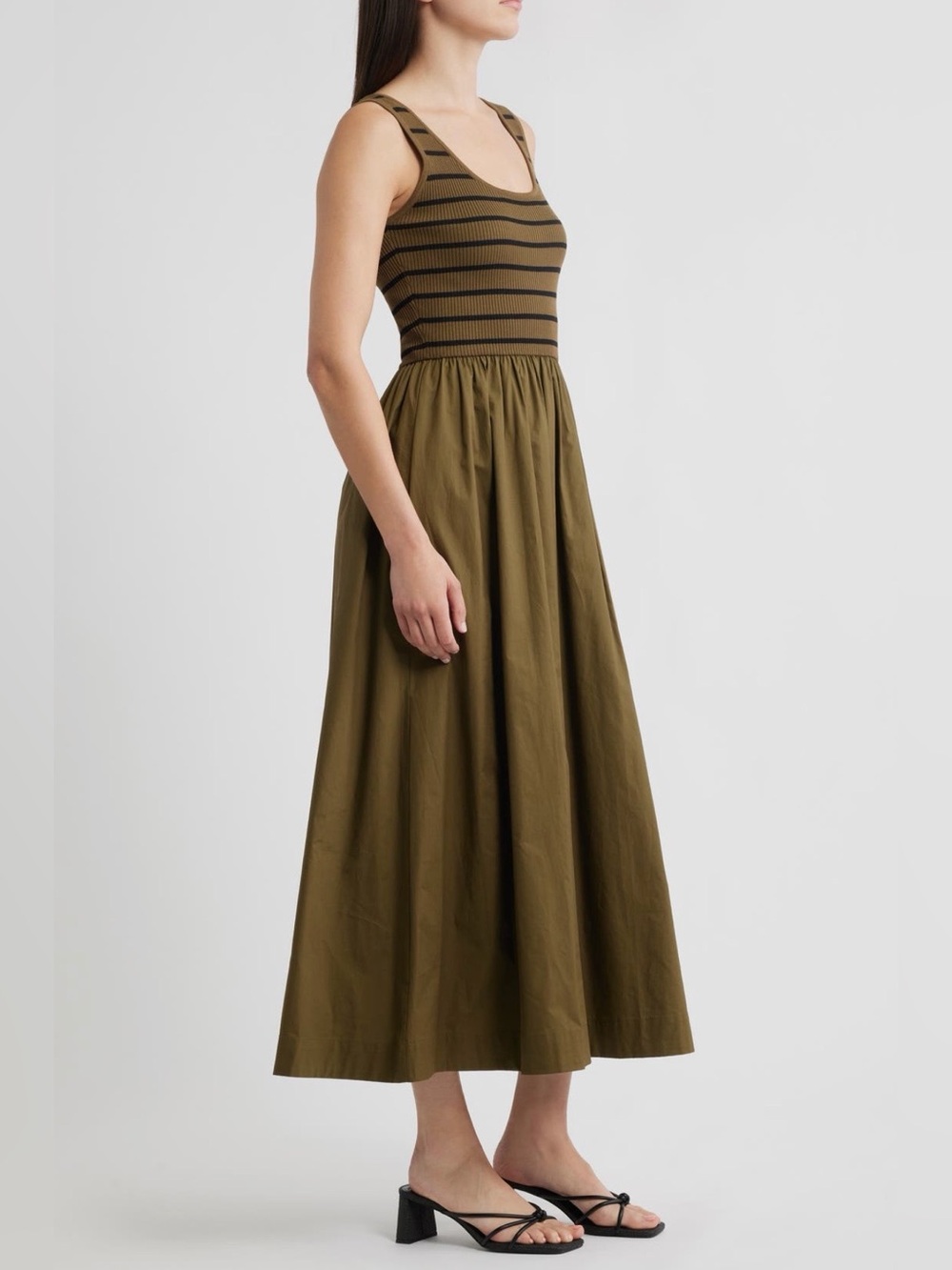 Moon River Stripe Mix Media Stretch Cotton Maxi Flowy Sleeveless Green Dress S - Picture 3 of 6